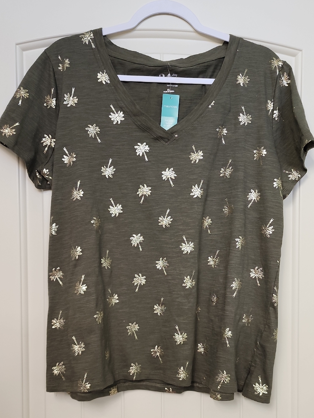 Maurices Olive Green V-Neck Tee with Metallic Palm Print
